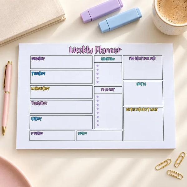 Weekly planner desk pad, undated 9x6 to-do list organizer with colorful days, priorities and notes