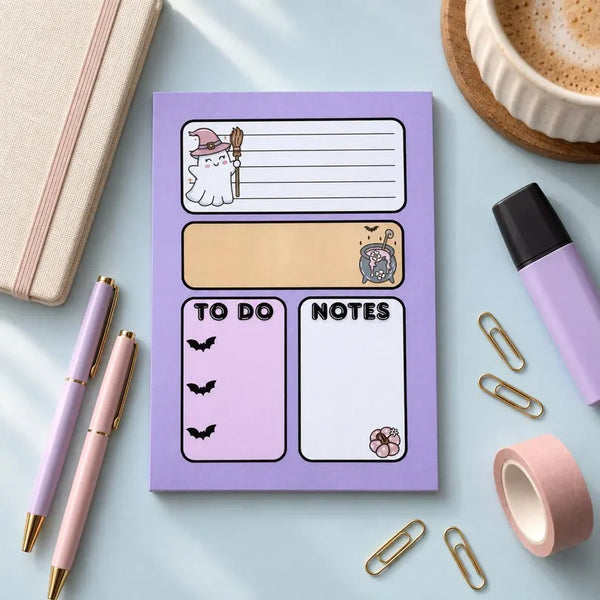 Purple ghost witch Halloween notepad, 5x7 to-do list pad with cauldron, bats and pumpkin — photo 2