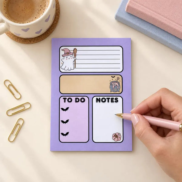Purple ghost witch Halloween notepad, 5x7 to-do list pad with cauldron, bats and pumpkin — photo 5