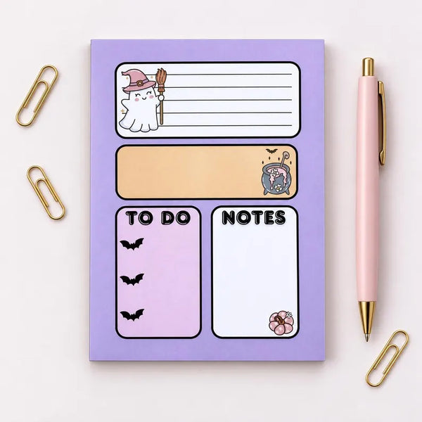 Purple ghost witch Halloween notepad, 5x7 to-do list pad with cauldron, bats and pumpkin — photo 3
