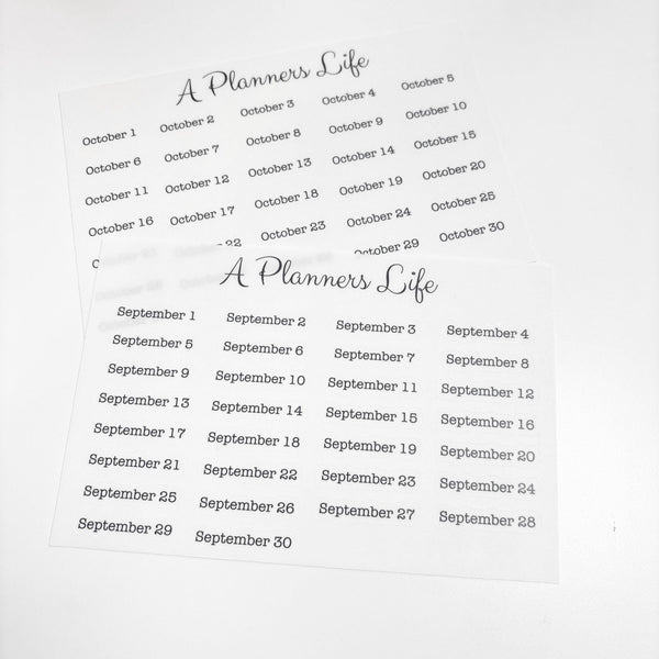 Two full sheets of clear matte date stickers showing all September and October days