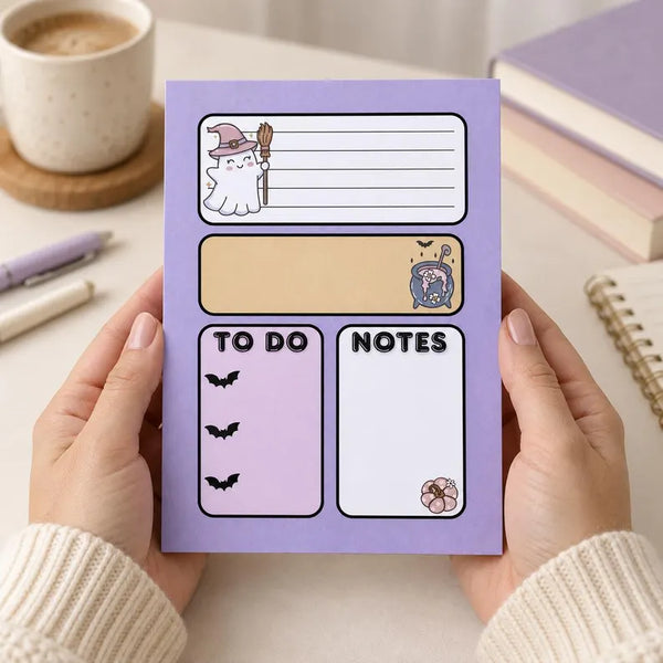 Purple ghost witch Halloween notepad, 5x7 to-do list pad with cauldron, bats and pumpkin — photo 4