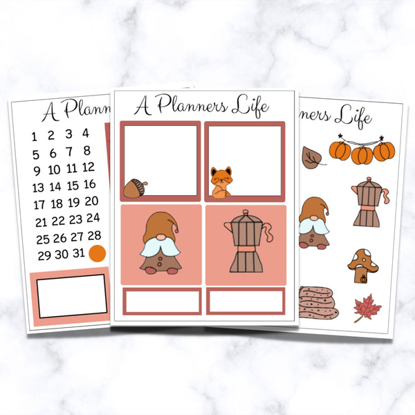 Fall planner sticker set with four hand-drawn autumn sheets including dates, boxes, fox, coffee and leaves