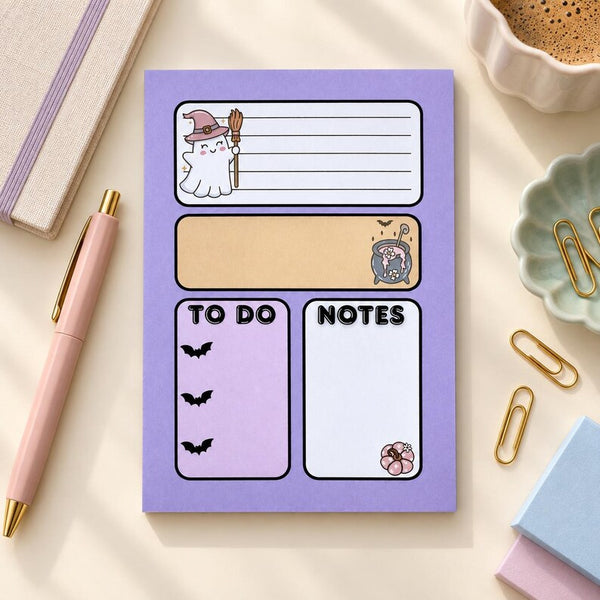 Purple ghost witch Halloween notepad, 5x7 to-do list pad with cauldron, bats and pumpkin