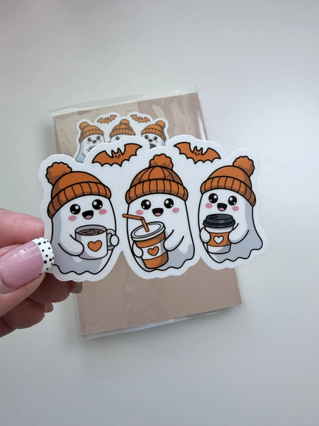 Cute Ghost Coffee Drinker Die Cut Sticker