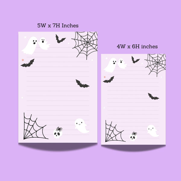 Ghost pages Halloween notepad with cute ghosts, bats, and spiderwebs, shown in two sizes