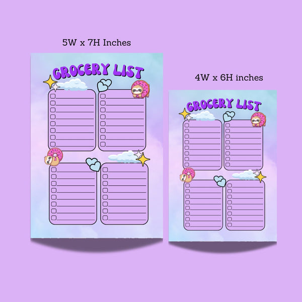 Grocery list notepad shown in 5x7 and 4x6 inch size options