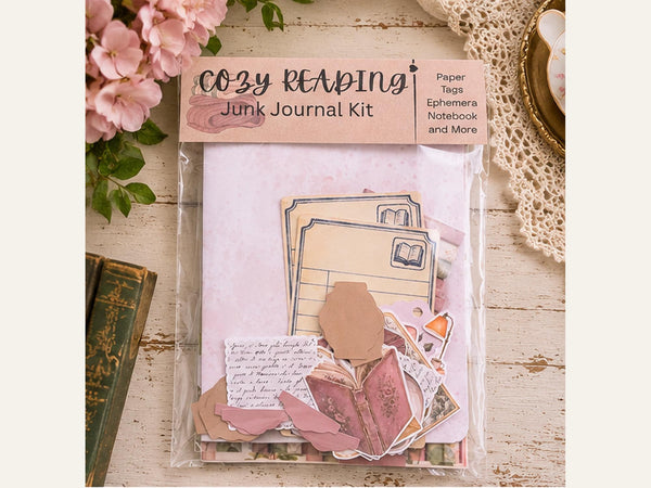 Cozy Reading junk journal kit with cardstock, vellum, tags, tabs, ephemera and mini notebook