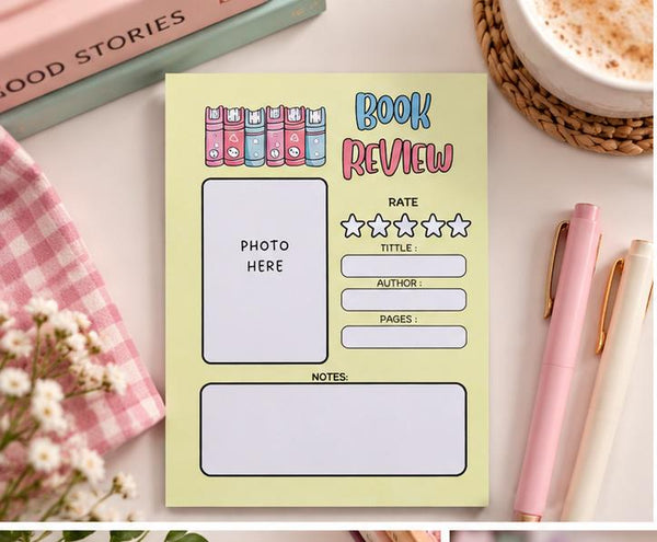 Book review notepad, 5x7 tear-away reading log with rating, title, author and notes
