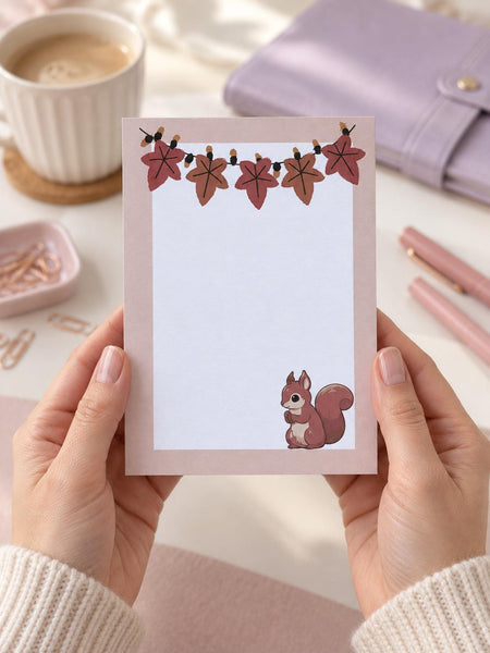 Autumn squirrel notepad, 5x7 list pad with fall leaf garland and blush border — photo 2