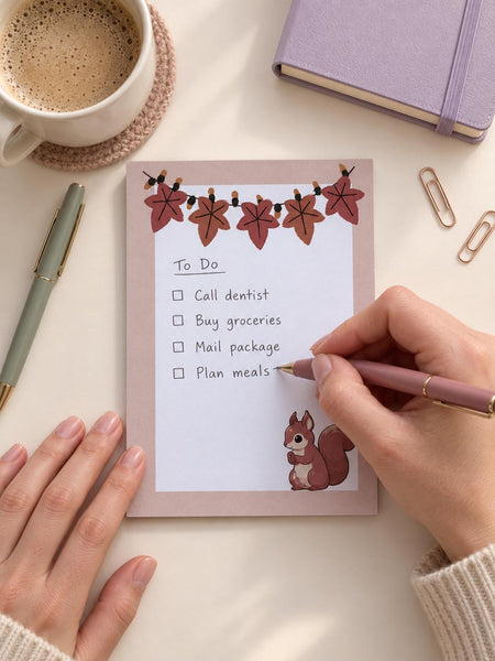 Autumn squirrel notepad, 5x7 list pad with fall leaf garland and blush border — photo 3