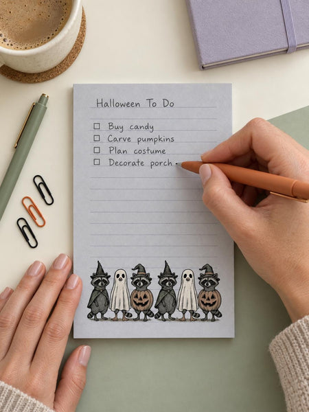Halloween raccoon notepad, 5x7 lined to-do list pad with raccoons, pumpkins and ghosts — photo 3