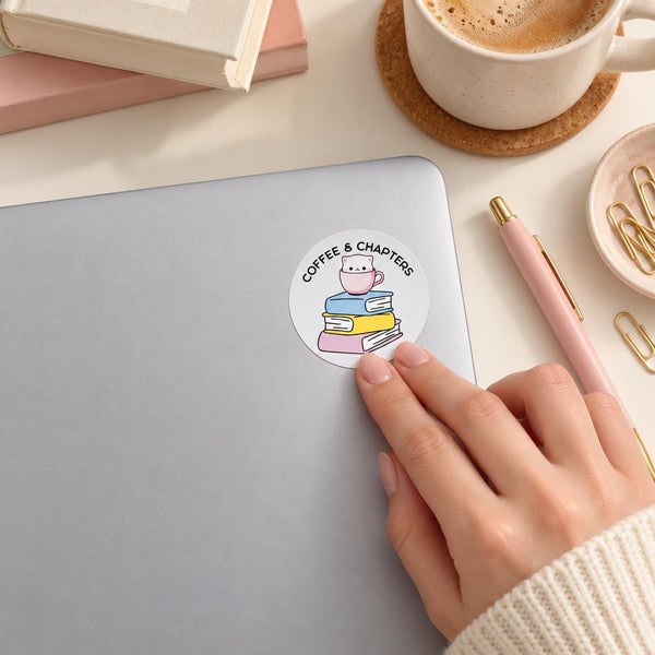 Coffee and Chapters round die-cut sticker with a smiling coffee cup on pastel books — photo 6