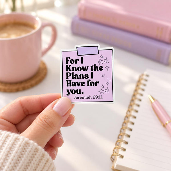 Jeremiah 29:11 Bible verse die-cut sticker on a lavender sticky-note design with stars — photo 3