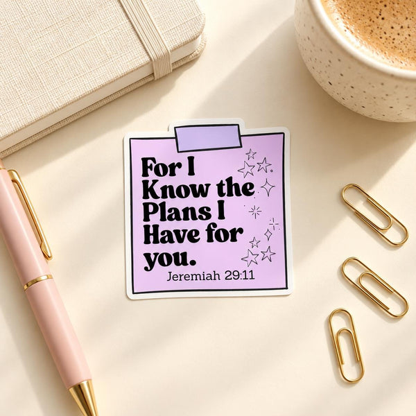 Jeremiah 29:11 Bible verse die-cut sticker on a lavender sticky-note design with stars
