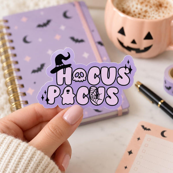 Witchy Halloween die-cut sticker with purple lettering and a black witch hat (view 3)