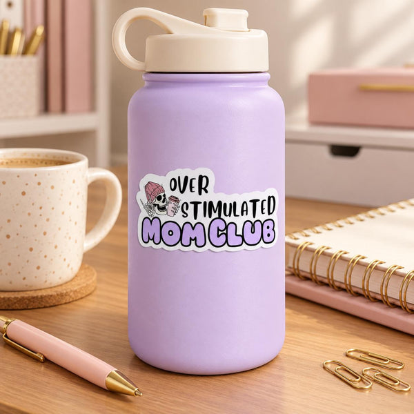 Over Stimulated Mom Club die-cut sticker with a skull, pink flower and purple bubble lettering (view 4)