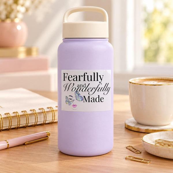 Fearfully and Wonderfully Made Psalm 139:14 die-cut sticker with black script lettering and blue butterflies (view 4)