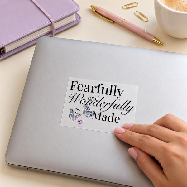 Fearfully and Wonderfully Made Psalm 139:14 die-cut sticker with black script lettering and blue butterflies (view 5)