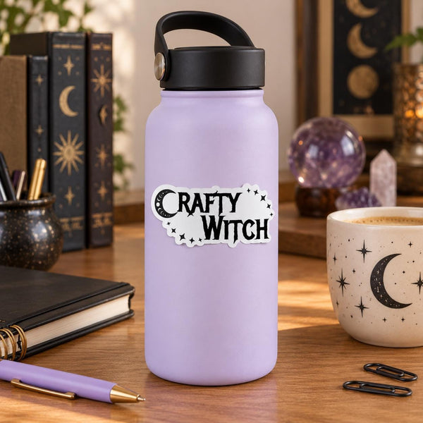Crafty Witch die-cut sticker with black gothic lettering, crescent moon and stars (view 4)
