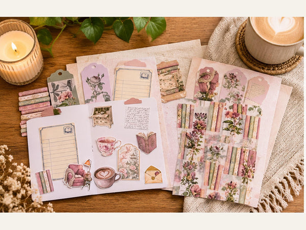 Cozy Reading junk journal kit with cardstock, vellum, tags, tabs, ephemera and mini notebook — photo 2