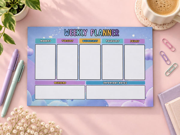 Pastel weekly planner pad, undated 9x5.5 desk planner with Monday to Friday, weekend and notes