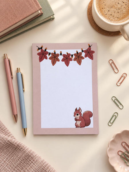 Autumn squirrel notepad, 5x7 list pad with fall leaf garland and blush border