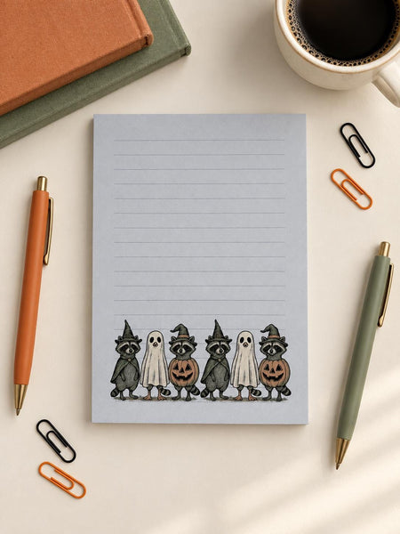 Halloween raccoon notepad, 5x7 lined to-do list pad with raccoons, pumpkins and ghosts