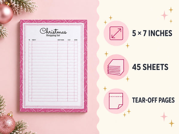 Christmas Shopping List Notepad — 5x7 Pink Gift List Tear-Off Pad, 45 Sheets