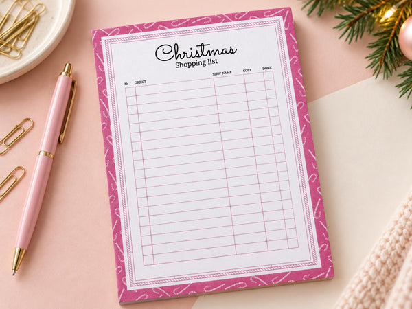 Christmas Shopping List Notepad — 5x7 Pink Gift List Tear-Off Pad, 45 Sheets