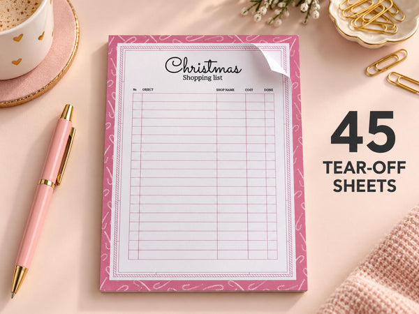 Christmas Shopping List Notepad — 5x7 Pink Gift List Tear-Off Pad, 45 Sheets