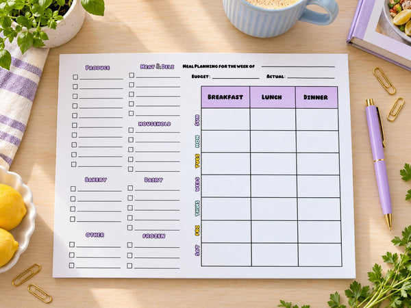 Lavender weekly meal planner notepad with breakfast, lunch and dinner grid and grocery list