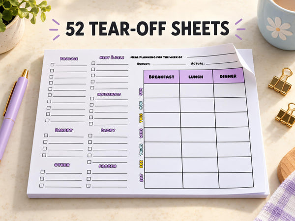 Weekly Meal Planner Notepad with Grocery List — 8x11 Magnetic Tear-Off Menu Pad, 52 Sheets