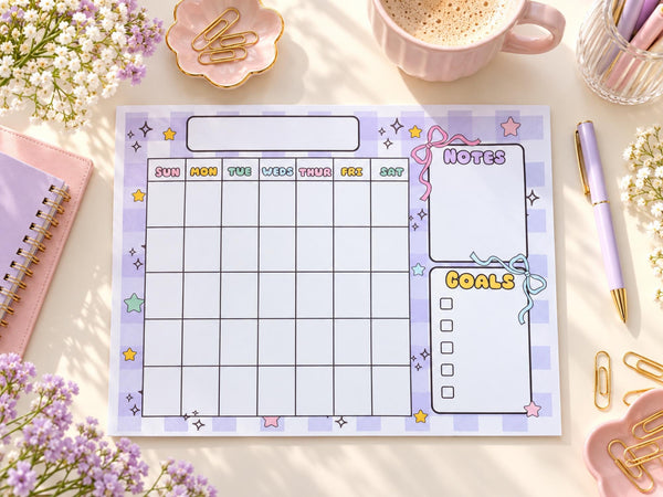 Lavender monthly planner notepad with calendar grid, notes box and goals checklist