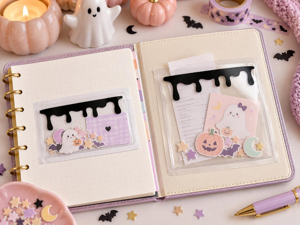 Black Drip Adhesive Vinyl Pocket Set — 2 Sizes, Clear Planner Pockets and Sticker Storage