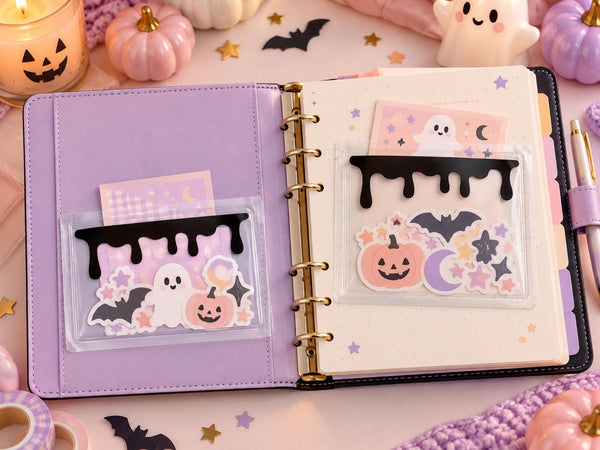 Black Drip Adhesive Vinyl Pocket Set — 2 Sizes, Clear Planner Pockets and Sticker Storage