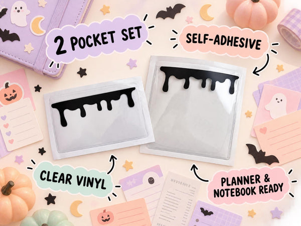 Black Drip Adhesive Vinyl Pocket Set — 2 Sizes, Clear Planner Pockets and Sticker Storage