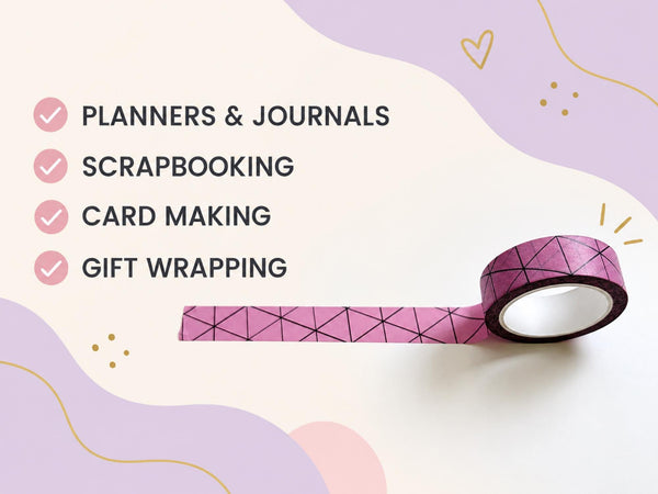 Pink Geometric Washi Tape — 15mm x 10m Triangle Line Pattern for Planners, Journals and Gift Wrap