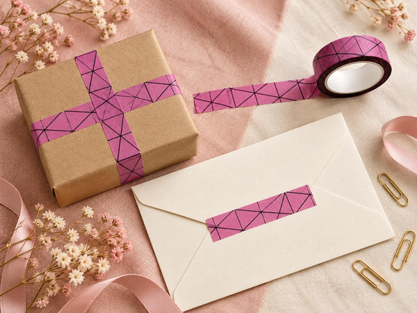 Pink Geometric Washi Tape — 15mm x 10m Triangle Line Pattern for Planners, Journals and Gift Wrap