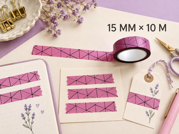 Pink Geometric Washi Tape — 15mm x 10m Triangle Line Pattern for Planners, Journals and Gift Wrap