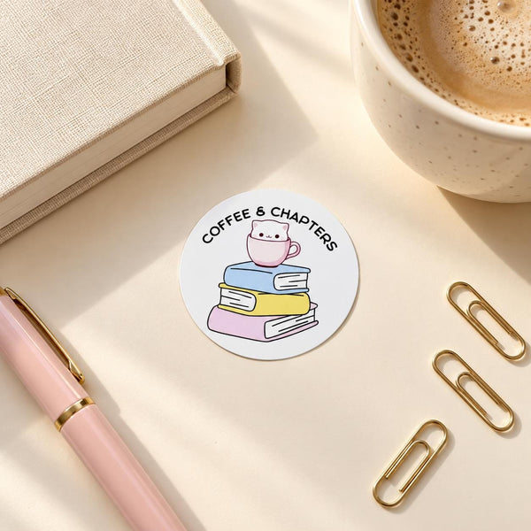 Coffee and Chapters die-cut sticker
