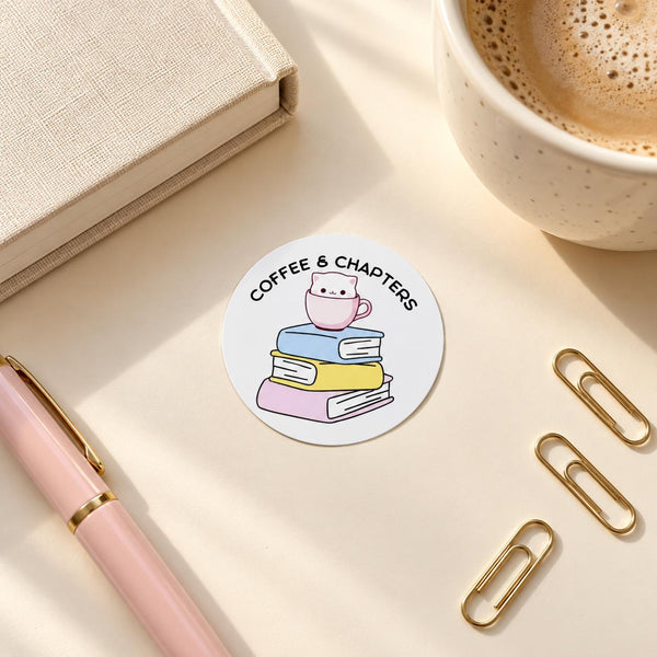 Coffee and Chapters round die-cut sticker with a smiling coffee cup on pastel books