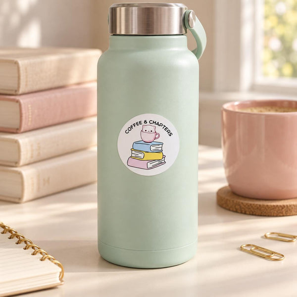 Coffee and Chapters round die-cut sticker with a smiling coffee cup on pastel books — photo 4
