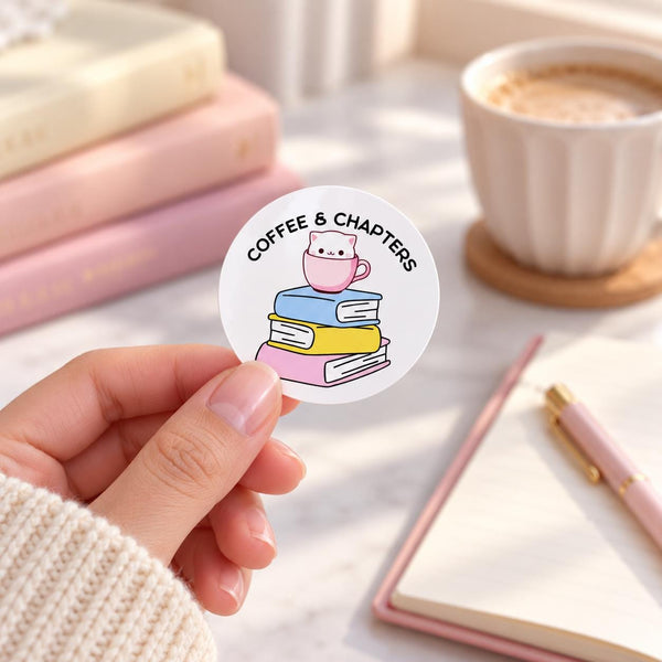 Coffee and Chapters round die-cut sticker with a smiling coffee cup on pastel books — photo 5