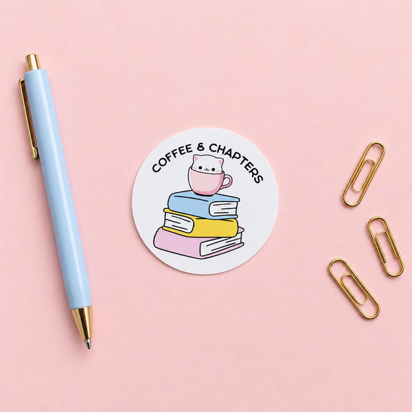 Coffee and Chapters round die-cut sticker with a smiling coffee cup on pastel books — photo 3
