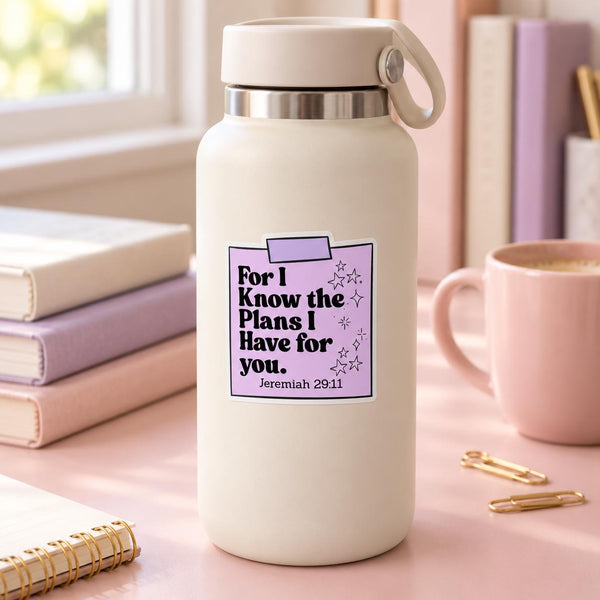Jeremiah 29:11 Bible verse die-cut sticker on a lavender sticky-note design with stars — photo 4