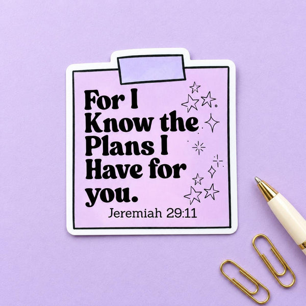 Jeremiah 29:11 Bible verse die-cut sticker on a lavender sticky-note design with stars — photo 2