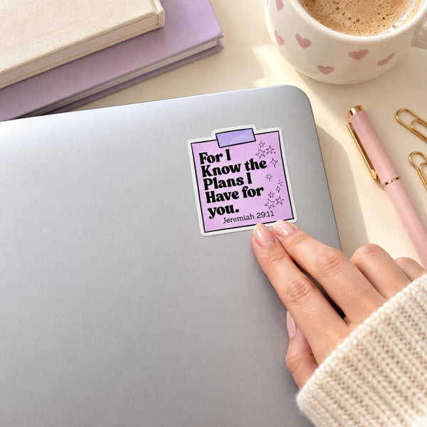 Jeremiah 29:11 Bible verse die-cut sticker on a lavender sticky-note design with stars — photo 5