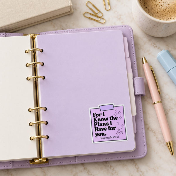 Jeremiah 29:11 Bible verse die-cut sticker on a lavender sticky-note design with stars — photo 6