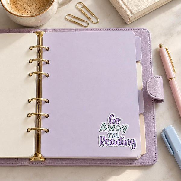 Go Away I'm Reading die-cut sticker with pastel purple and teal lettering — photo 2